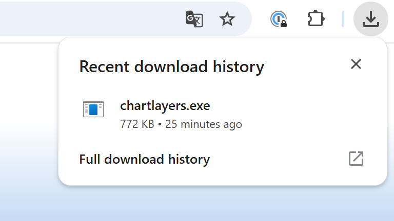 Download History Fenster mit ‚chartpanda.exe‘ Installationsdatei öffnet sich im Browser.