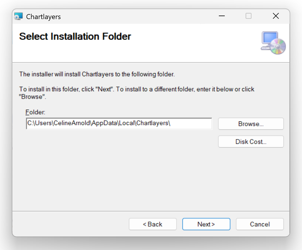 Dialog zur Auswahl des Installationsordners mit Feld für den Zielpfad und Buttons ‚Browse‘ und ‚Next‘.