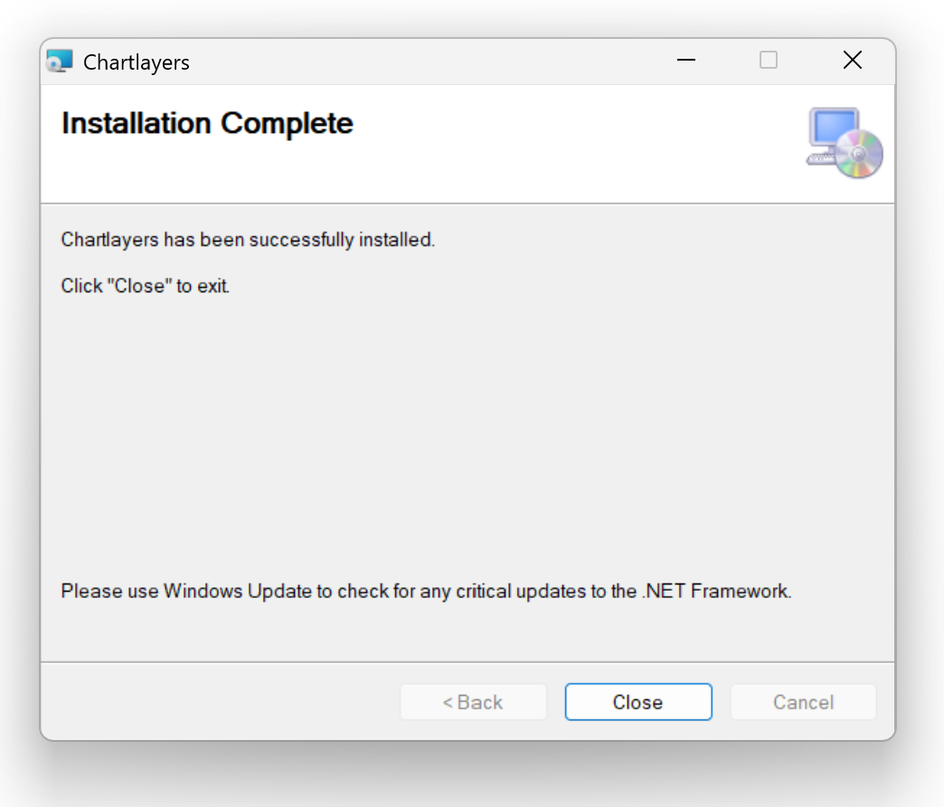 Abschlussseite des Setup-Assistenten mit Meldung ‚Installation Complete‘ und Button ‚Close‘.