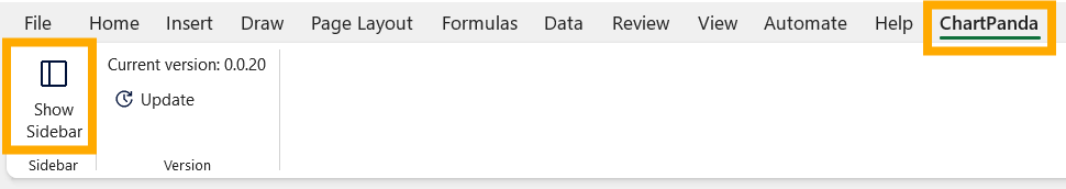 Excel mit sichtbarem Tab ‚ChartPanda‘ und ,Show Sidebar' Button im Menüband