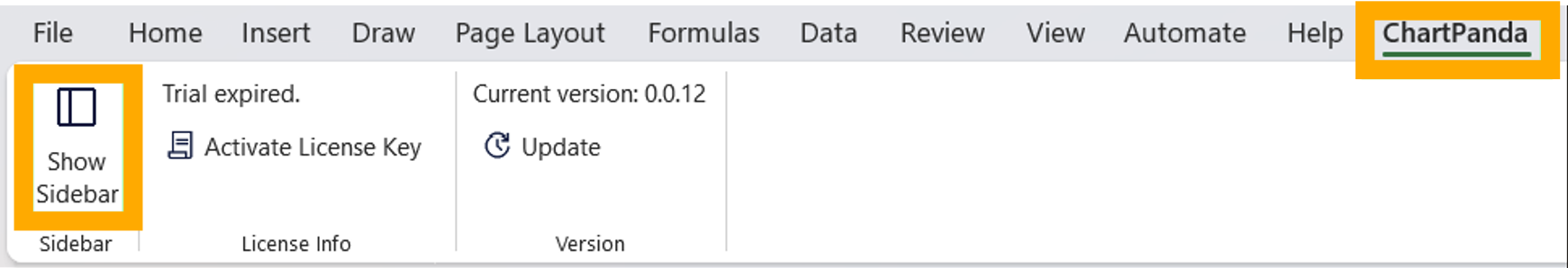 Excel mit sichtbarem Tab ‚ChartPanda‘ und ,Show Sidebar' Button im Menüband