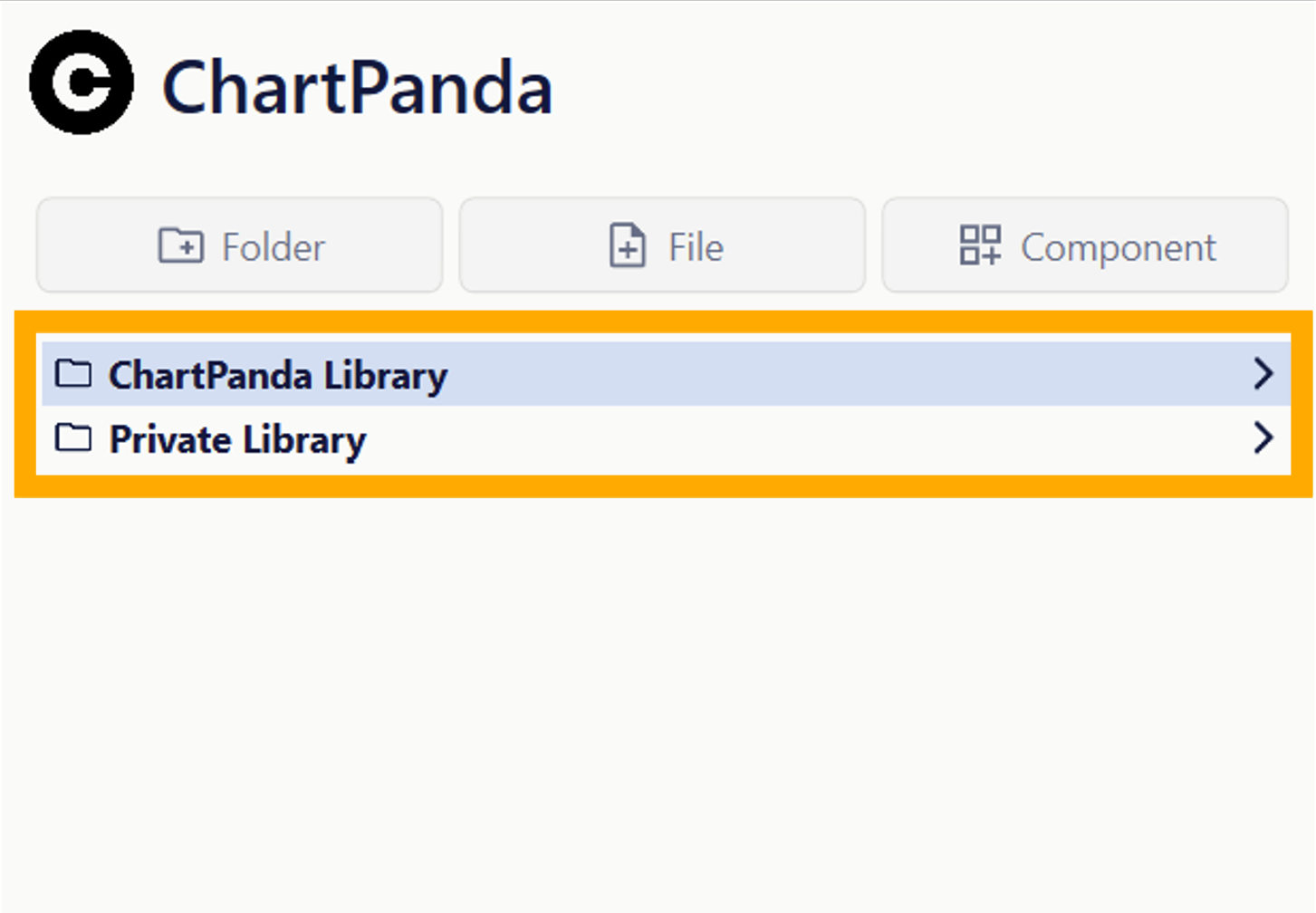 Geöffnete Sidebar mit den beiden Bibliotheken ,ChartPanda Library' und ,Private Library'