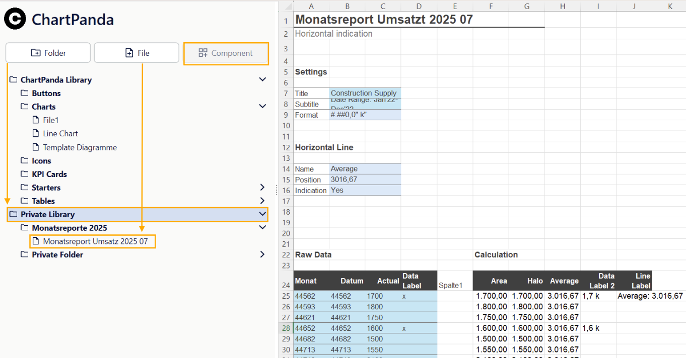 Übersicht aufgeklappte Sidebar mit Verlinkung Folder und File in der Private Library